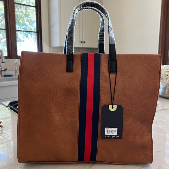 Vici Handbags - Tan Tote Handbag with Navy and Red Stripes